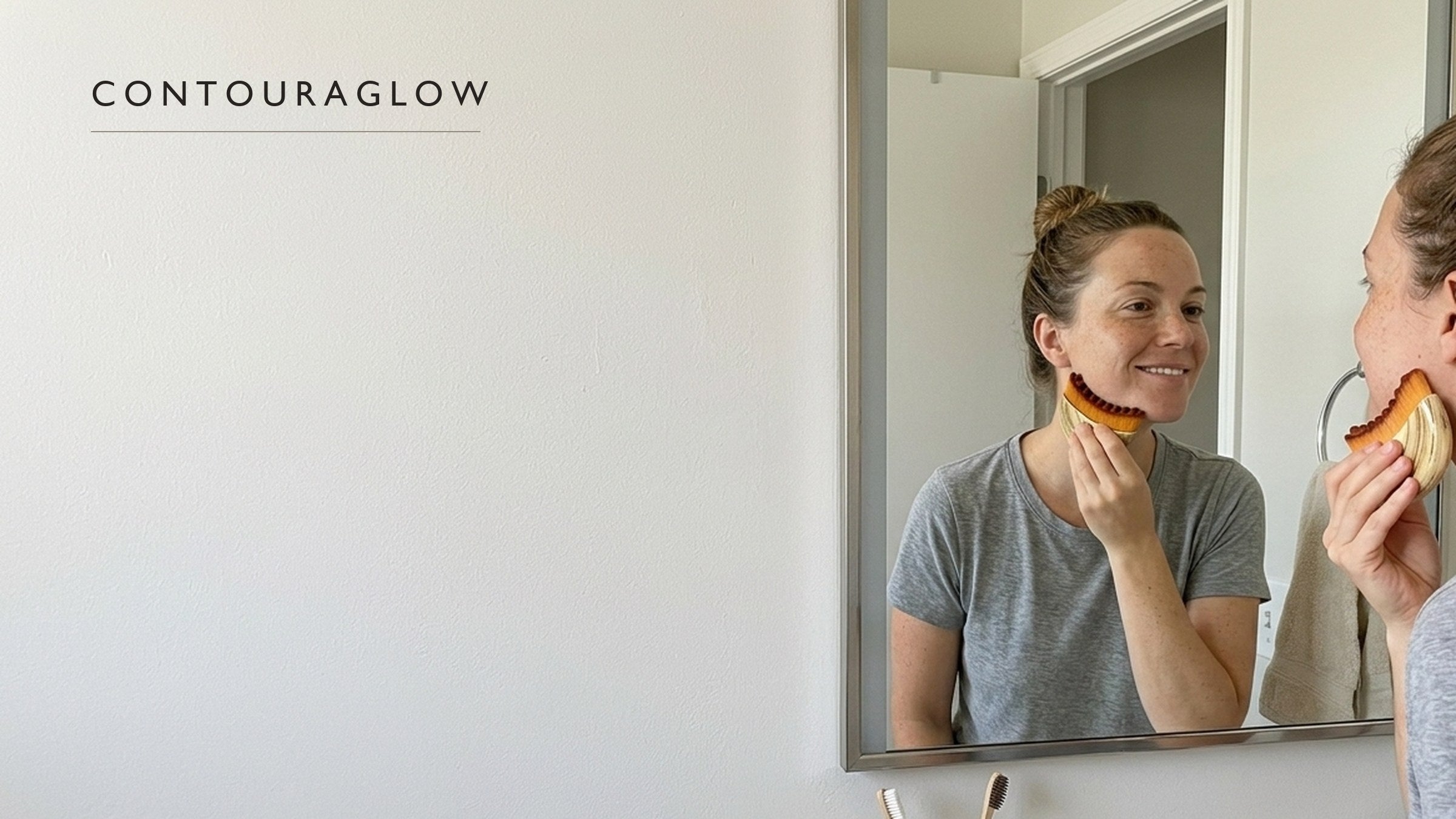 Woman using the Contouraglow contour brush along her jawline at a bathroom mirror