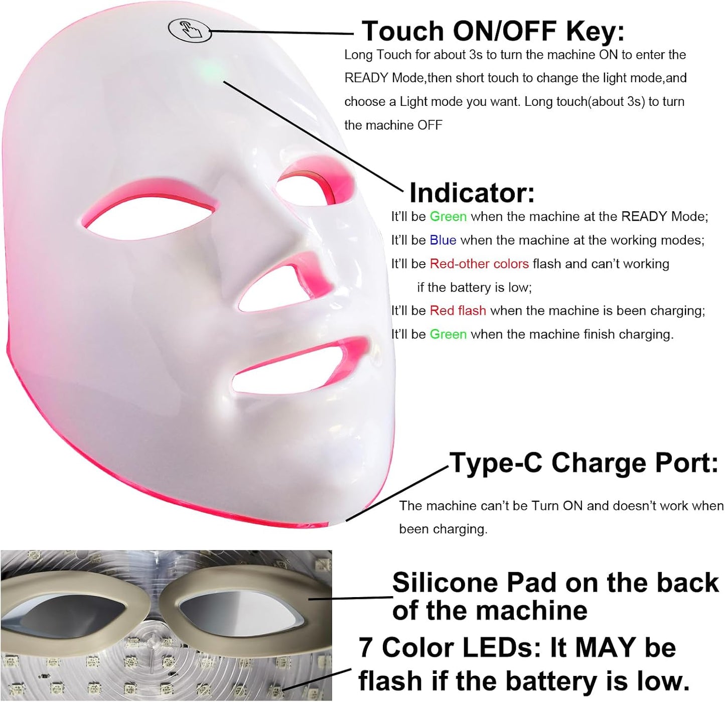 LED Face Mask Light Therapy, 7+1 Modes Portable Red Light Therapy for Face, Rechargeable, Blue & Red Light Mask, LED Facial Skin Care Mask at Home & Travel